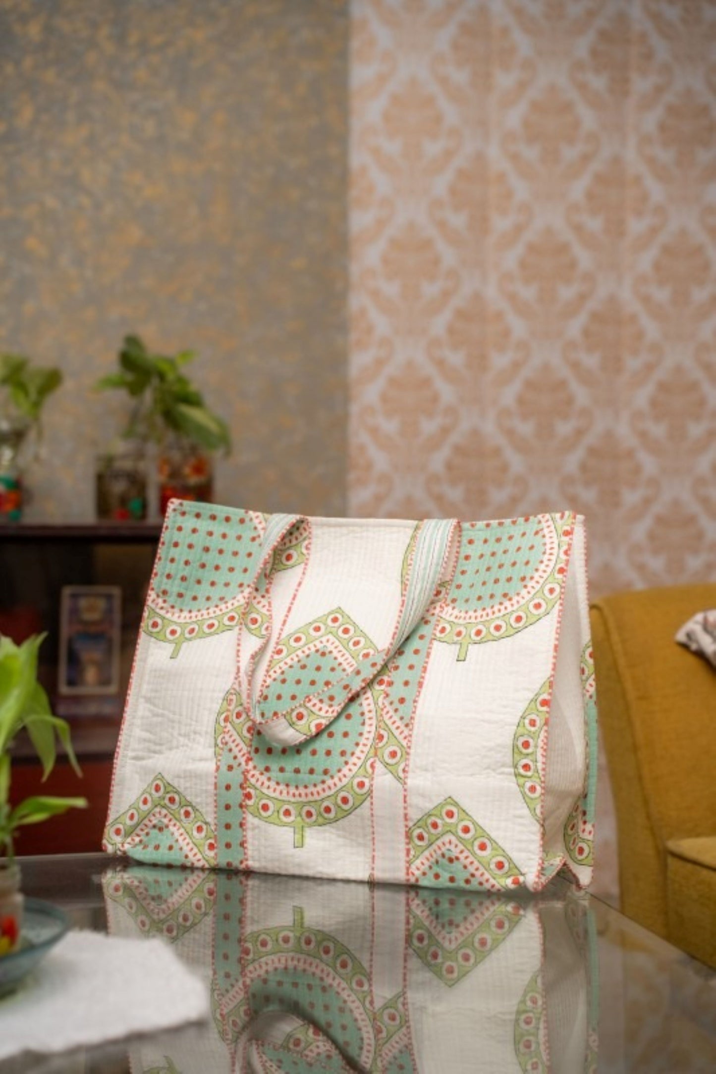 Awdhesh Kumar Aqua Dotted Delight Cotton Hand Block Printed Tote Bag for Women