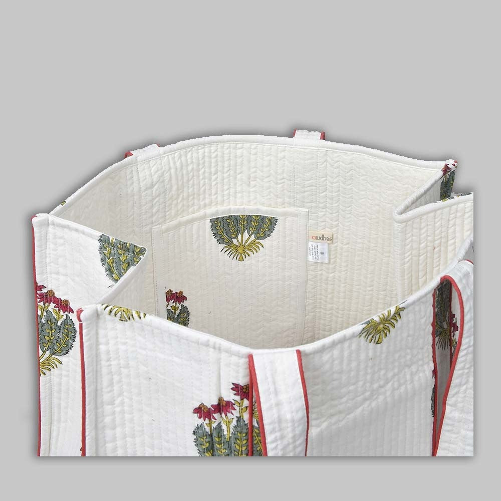 Awdhesh Kumar Ivory Garden Carryall Cotton Hand Block Printed Tote Bag for Women