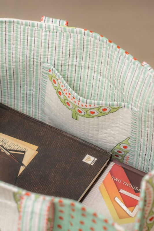 Awdhesh Kumar Aqua Dotted Delight Cotton Hand Block Printed Tote Bag for Women