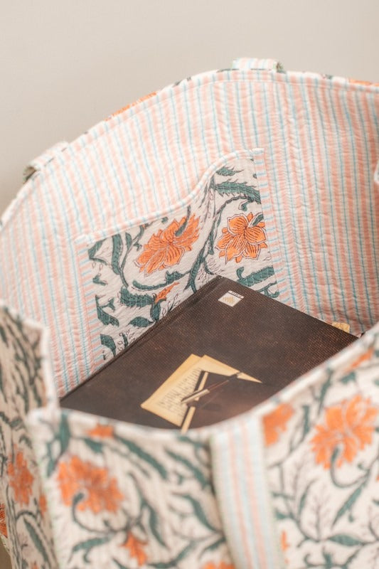 Awdhesh Kumar Midnight Petal Glow Cotton Hand Block Printed Tote Bag for Women