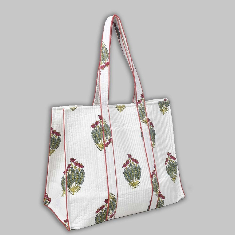 Awdhesh Kumar Ivory Garden Carryall Cotton Hand Block Printed Tote Bag for Women