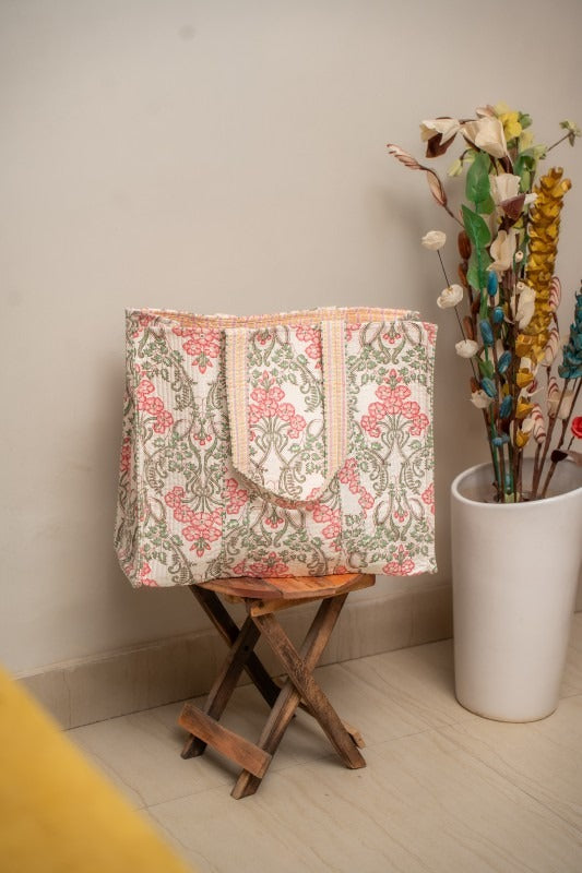 Awdhesh Kumar Rosevine Garden Cotton Hand Block Printed Tote Bag for Women