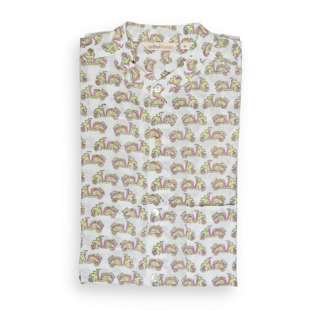 Full Sleeve Indian Hand Block Print Shirt Vespa Pink Green Design Shirt 100% Cotton Fabric