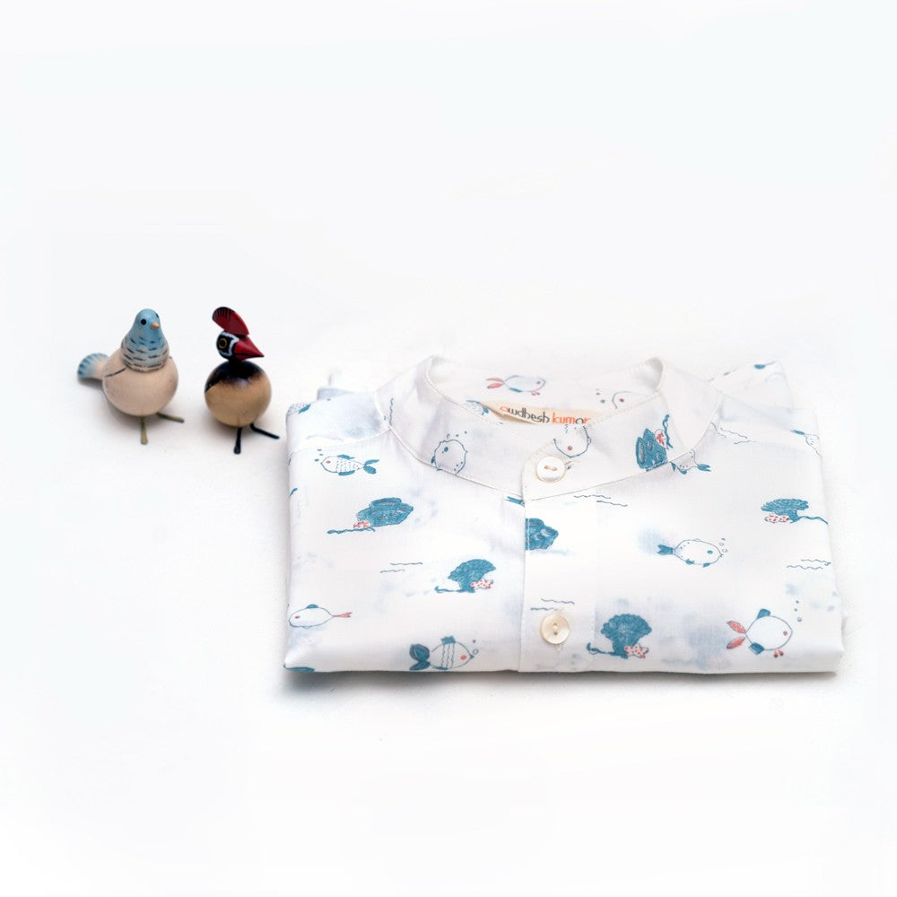 Full Sleeve Indian Hand Block Print Shirt Marine Fish Design Shirt 100% Cotton Fabric