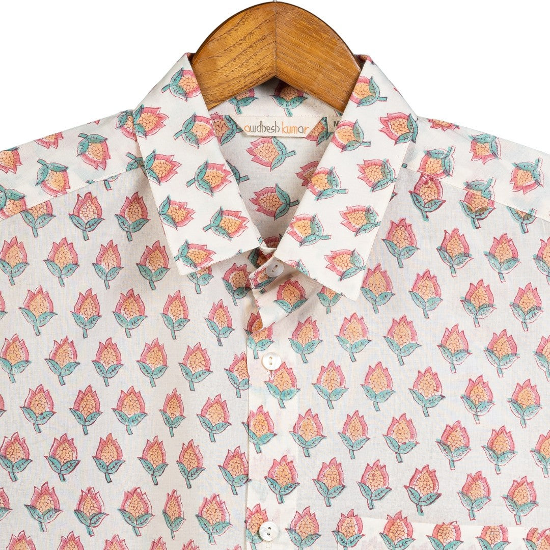 Full Sleeve Indian Hand Block Print Shirt Pastel Buti Design Shirt 100% Cotton Fabric