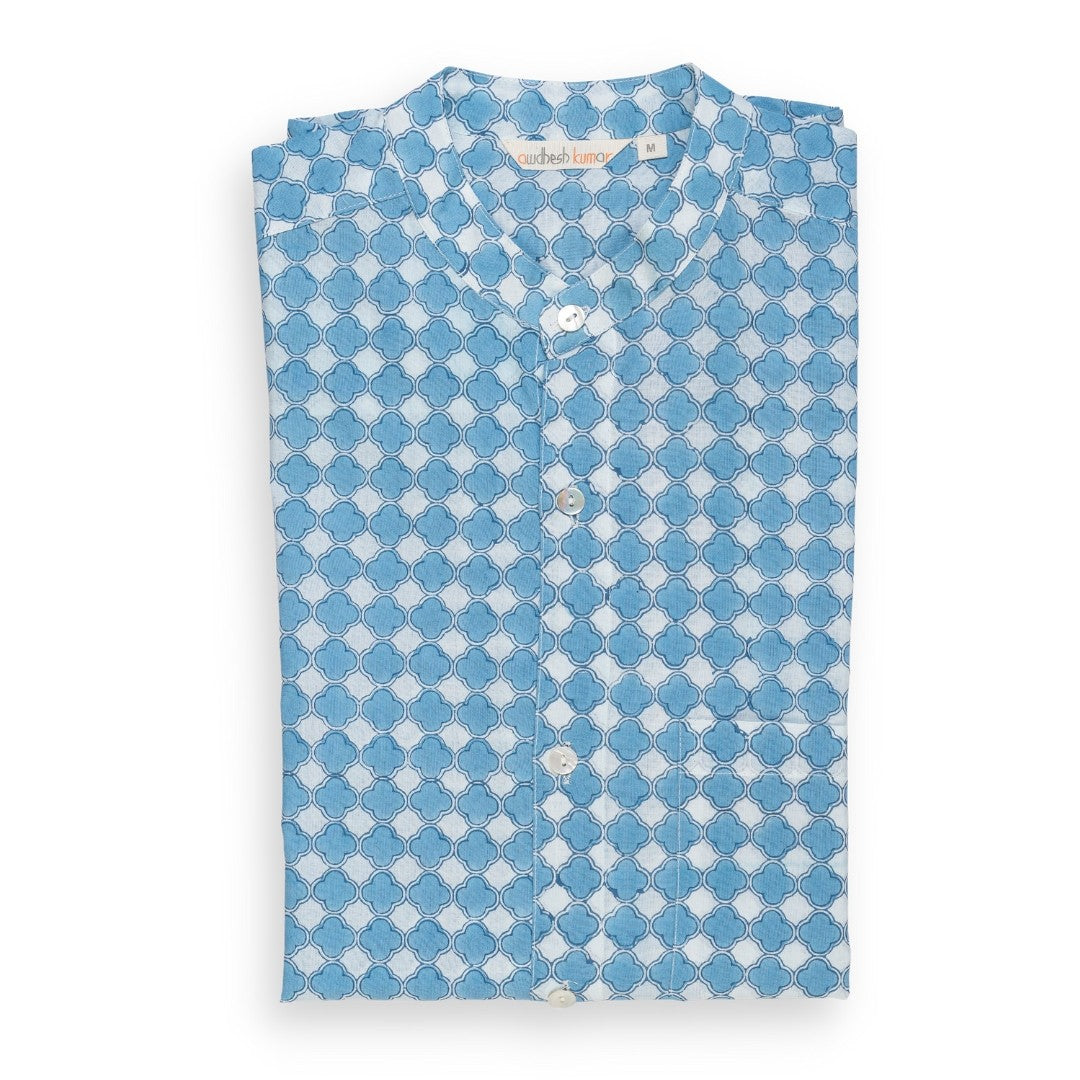 Full Sleeve Indian Hand Block Print Shirt Gud Jali Cornflower Blue Design Shirt 100% Cotton Fabric