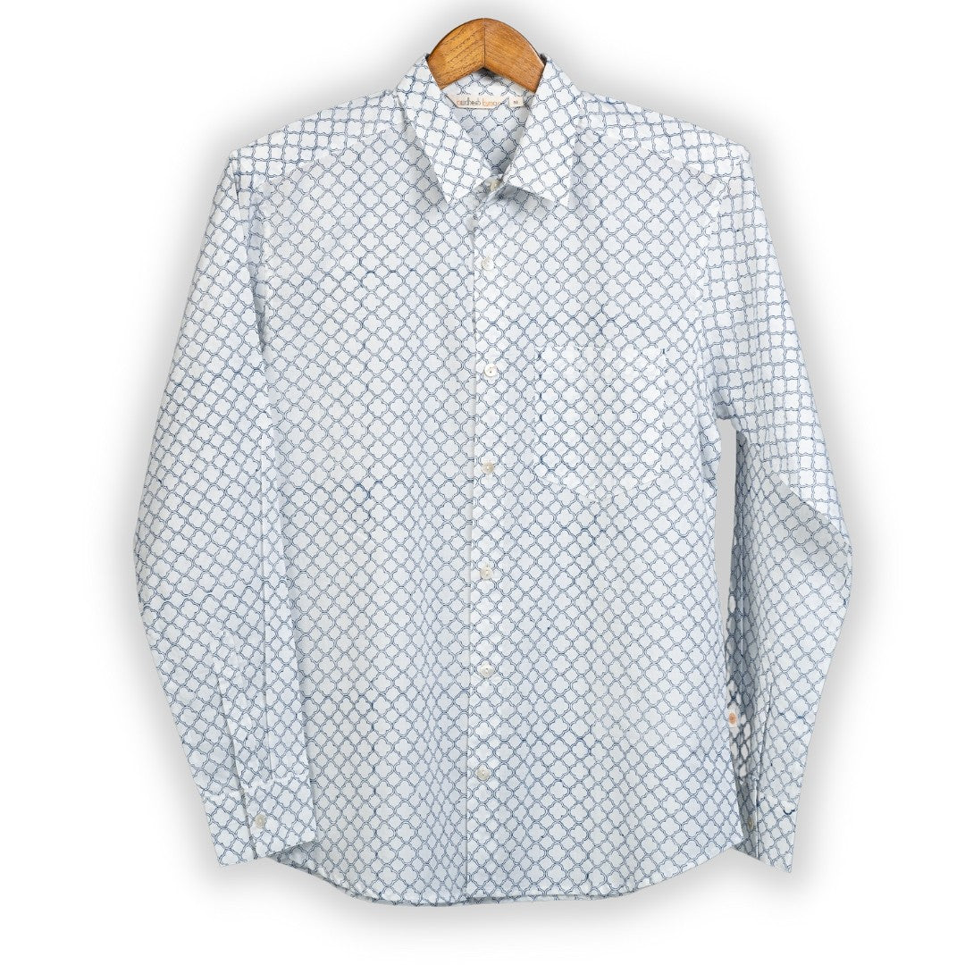Full Sleeve Indian Hand Block Print Shirt Line Jali Blue Design Shirt 100% Cotton Fabric