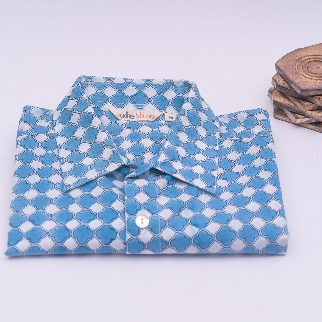Full Sleeve Indian Hand Block Print Shirt Gud Jali Cornflower Blue Design Shirt 100% Cotton Fabric