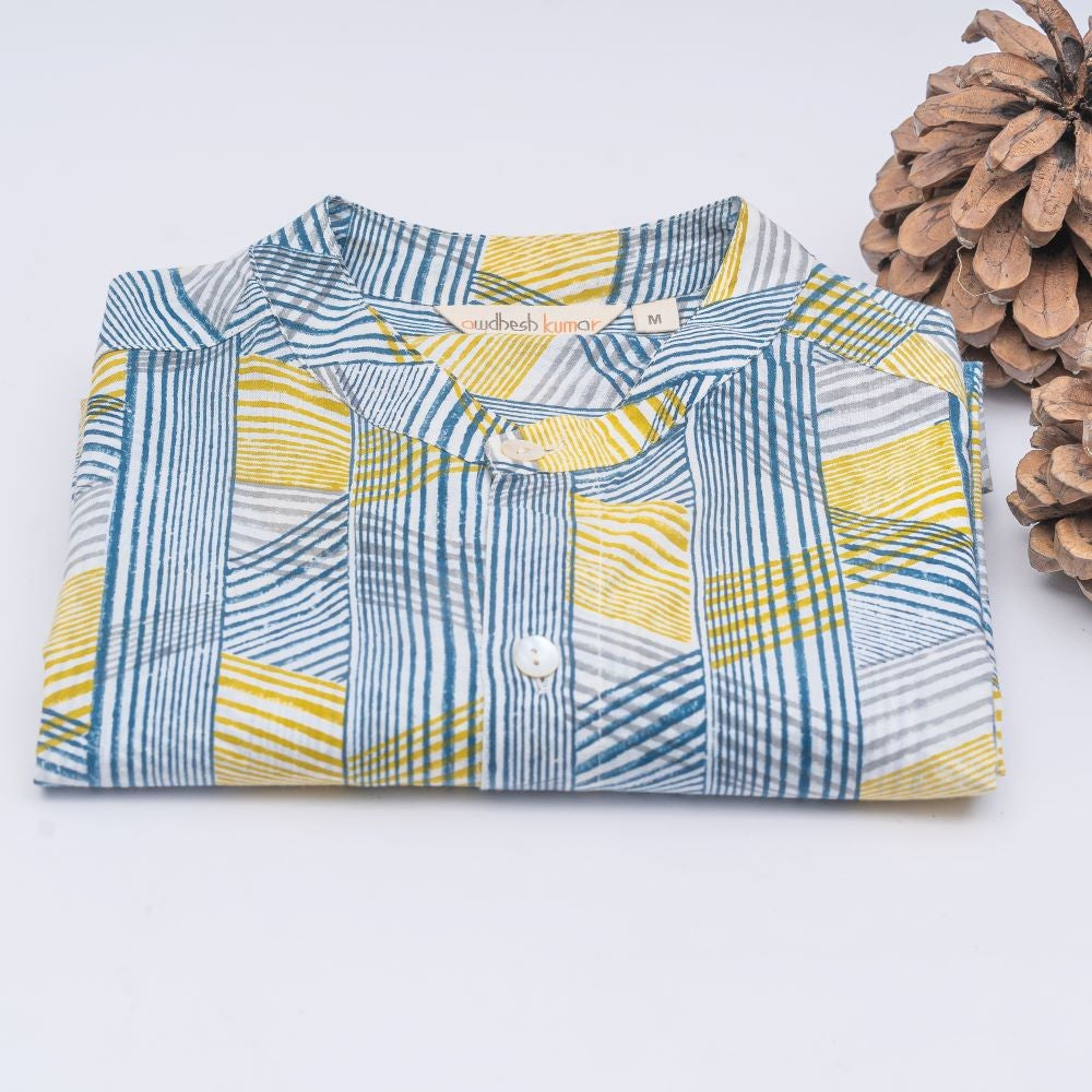 Full Sleeve Indian Hand Block Print Shirt Game of Line Retro Design Shirt 100% Cotton Fabric