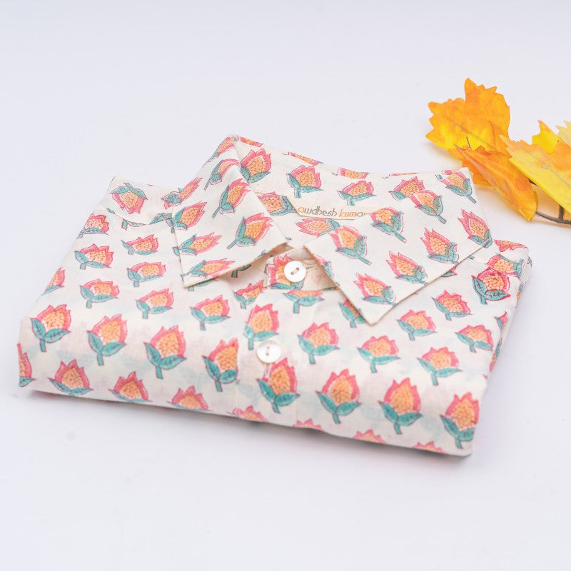 Full Sleeve Indian Hand Block Print Shirt Pastel Buti Design Shirt 100% Cotton Fabric