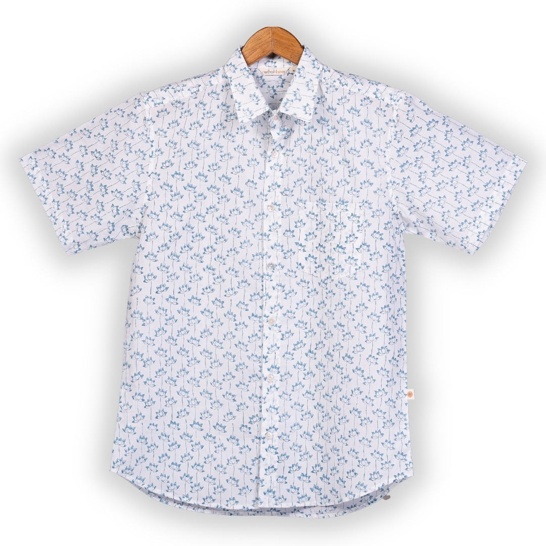 Short Sleeve Indian Hand Block Print Shirt Lotus Blue Design Shirt 100% Cotton Fabric
