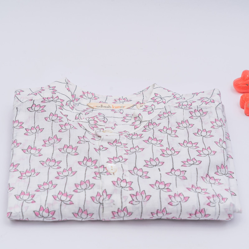 Full Sleeve Indian Hand Block Print Shirt Game of Lotus Pink Design Shirt 100% Cotton Fabric
