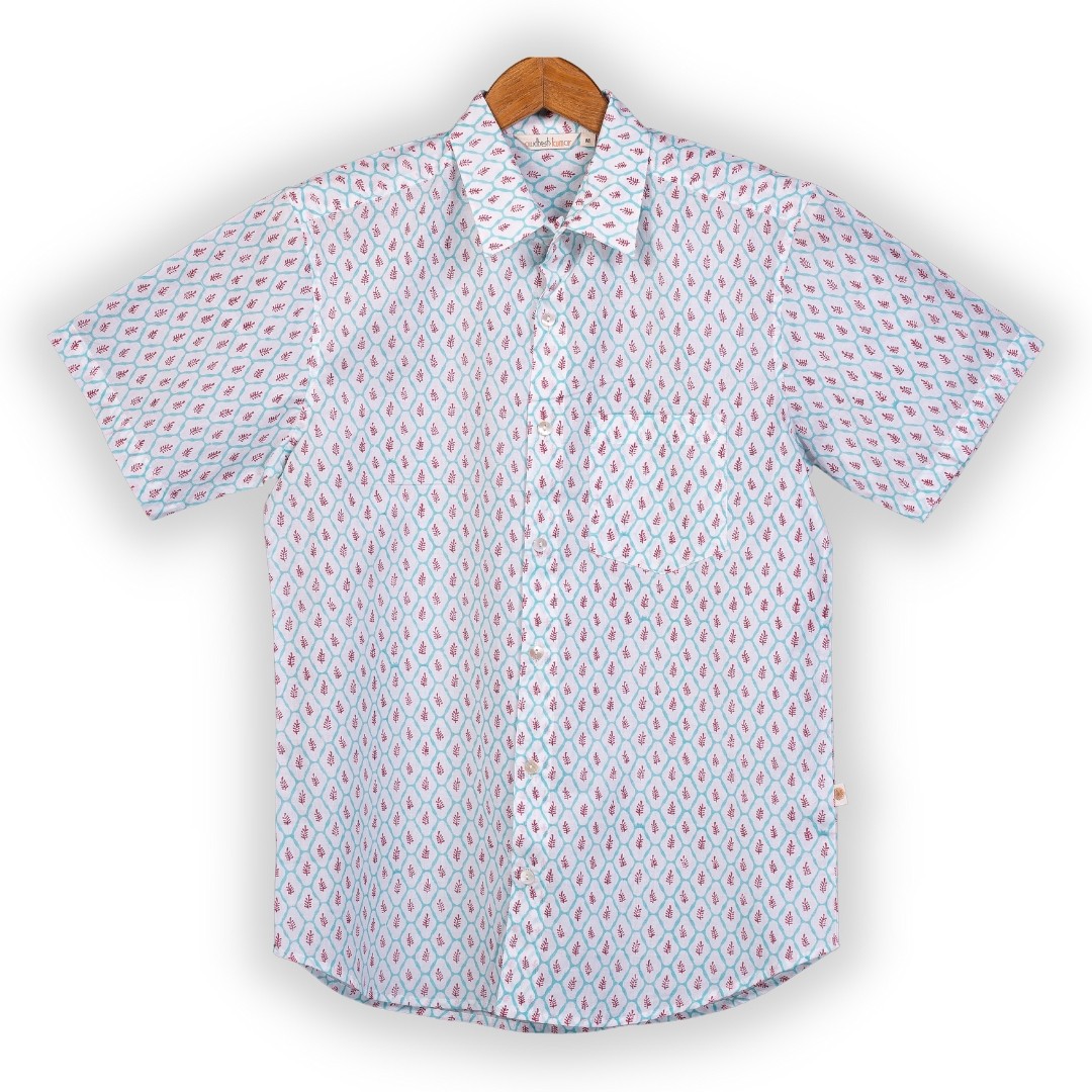 Short Sleeve Indian Hand Block Print Shirt Buti Grid Design Shirt 100% Cotton Fabric