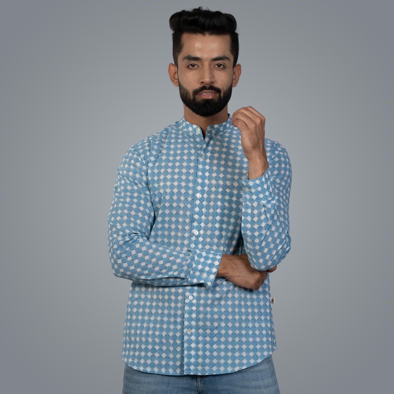 Full Sleeve Indian Hand Block Print Shirt Gud Jali Cornflower Blue Design Shirt 100% Cotton Fabric
