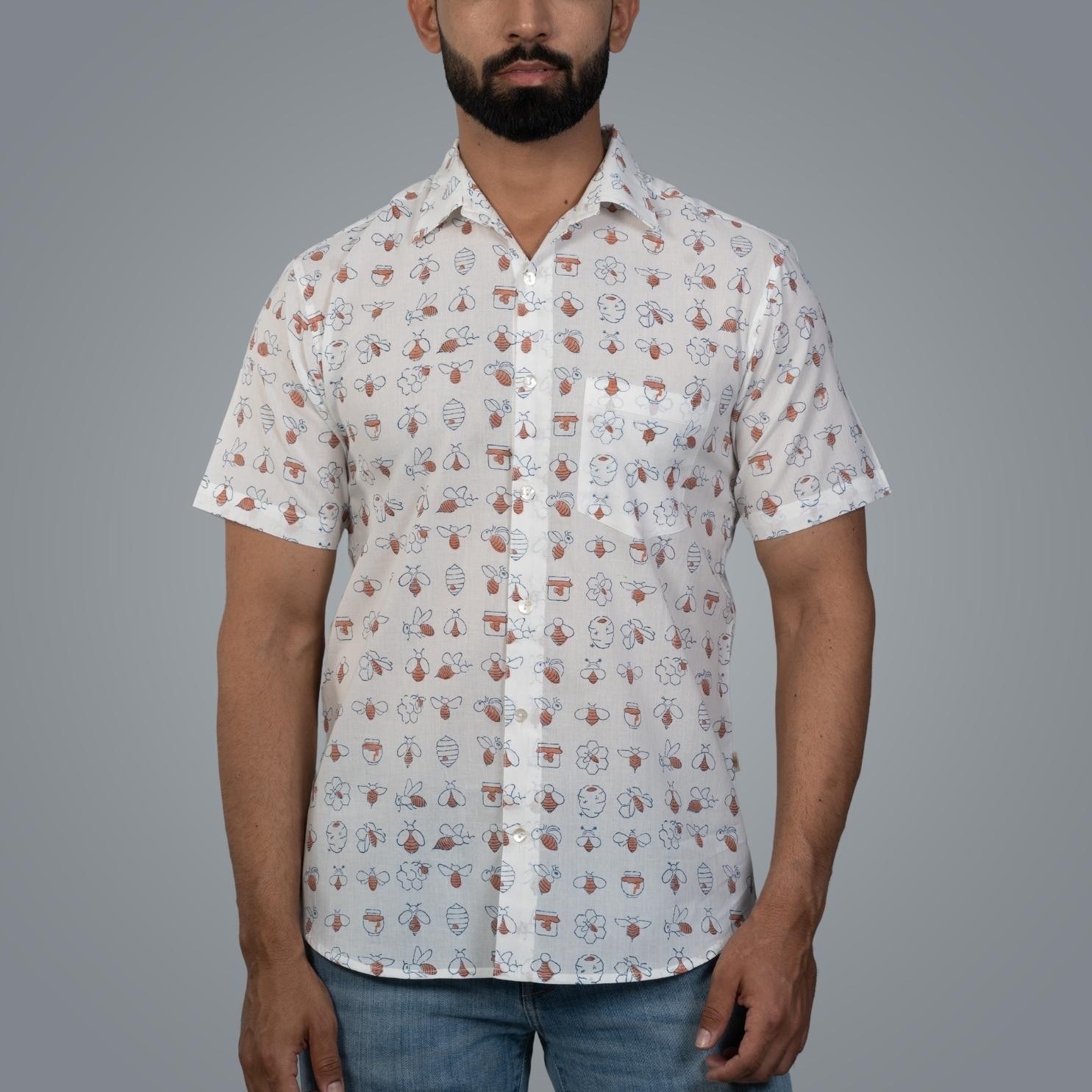 Short Sleeve Indian Hand Block Print Shirt Honey Bee Coral Design Shirt 100% Cotton Fabric