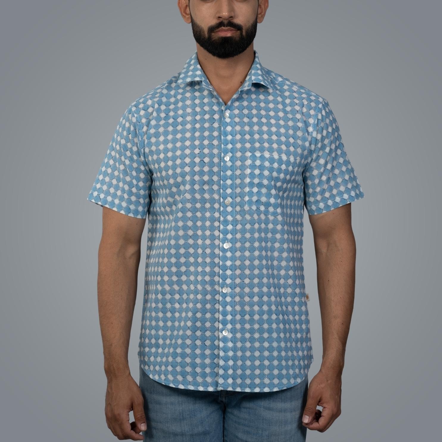 Short Sleeve Indian Hand Block Print Shirt Gud Jali Cornflower Blue Design Shirt 100% Cotton Fabric