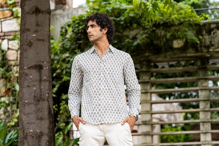 Full Sleeve Indian Hand Block Print Shirt Kalangi Buti Blue Green Design Shirt 100% Cotton Fabric