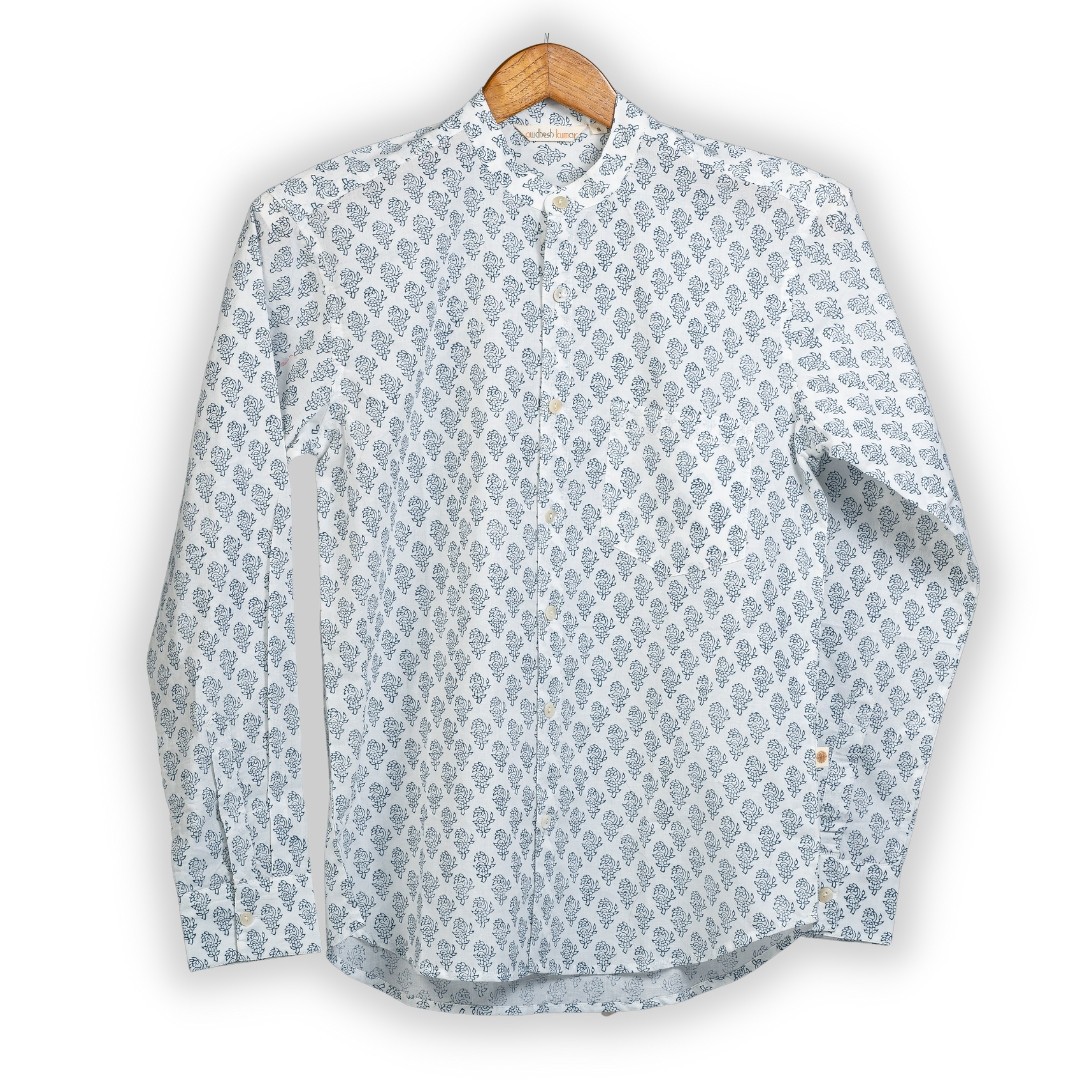 Full Sleeve Indian Hand Block Print Shirt Blue Buti Design Shirt 100% Cotton Fabric