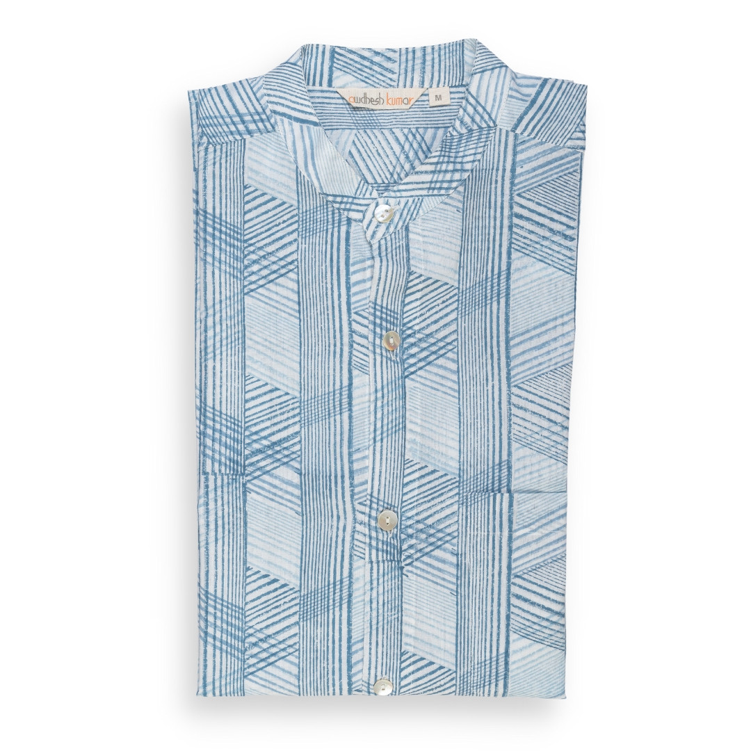 Full Sleeve Indian Hand Block Print Shirt Game of Line Blue Design Shirt 100% Cotton Fabric