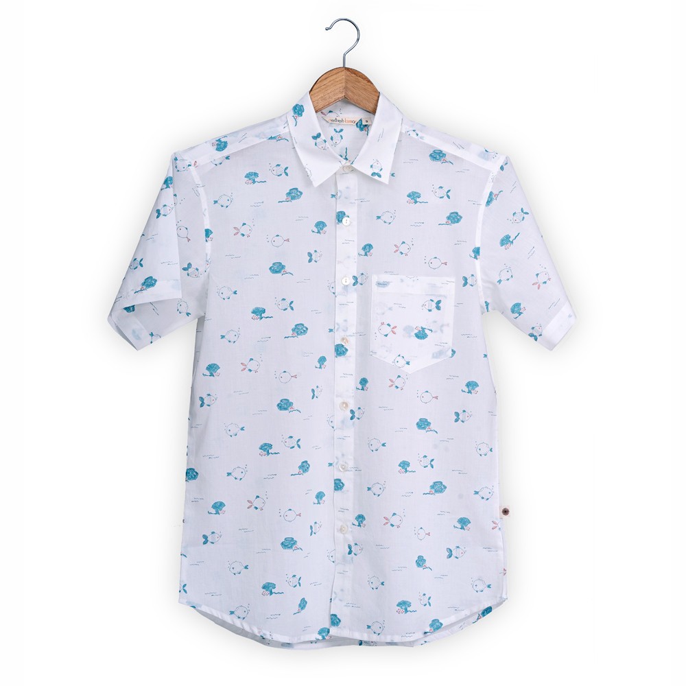 Short Sleeve Indian Hand Block Print Shirt Marine Fish design shirt 100% Cotton Fabric