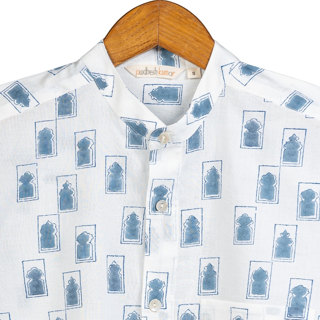 Full Sleeve Indian Hand Block Print Shirt Jaipur Jarokha Blue Design Shirt 100% Cotton Fabric
