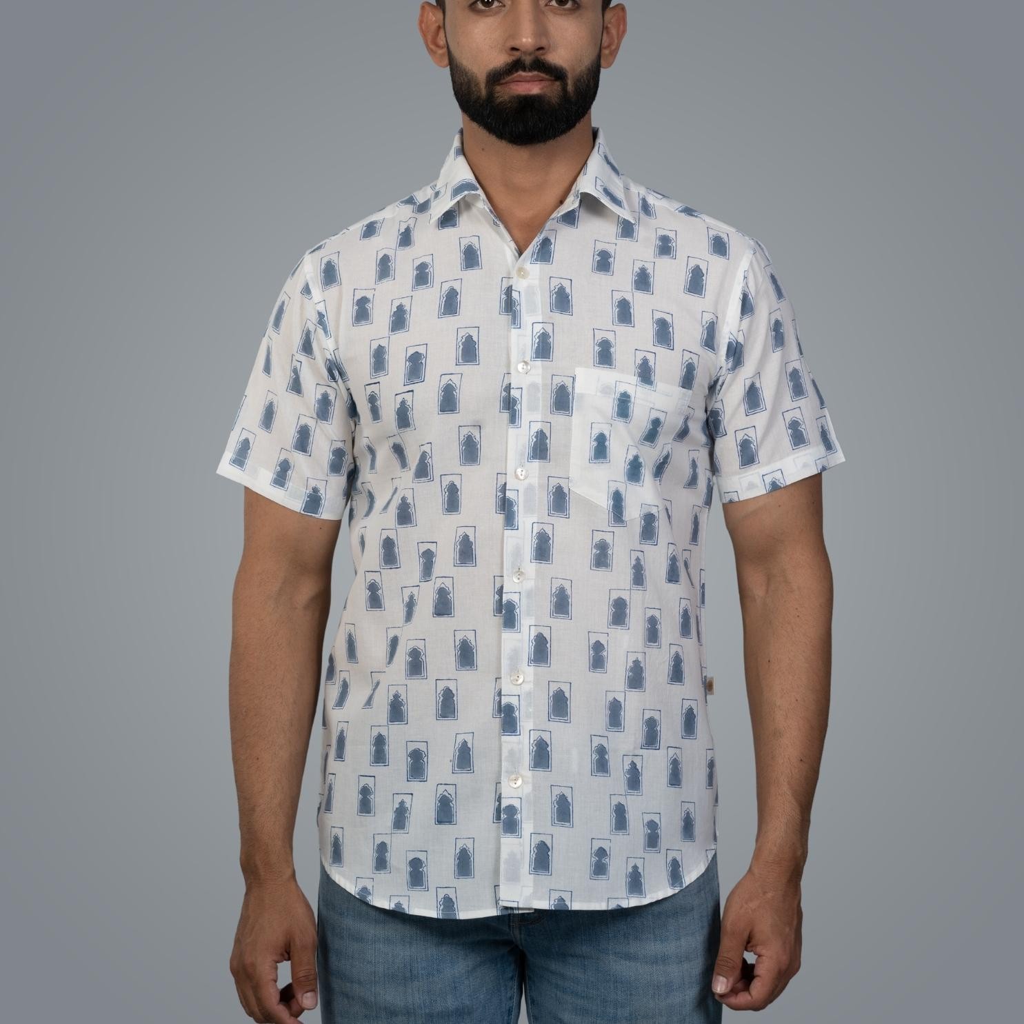 Short Sleeve Indian Hand Block Print Shirt Jaipur Jarokha Blue Design Shirt 100% Cotton Fabric