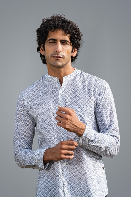 Full Sleeve Indian Hand Block Print Shirt Mini Tessilation Blue Design Shirt 100% Cotton Fabric