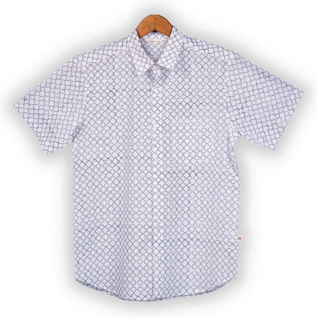 Short Sleeve Indian Hand Block Print Shirt Line Jali Blue  Design Shirt 100% Cotton Fabric
