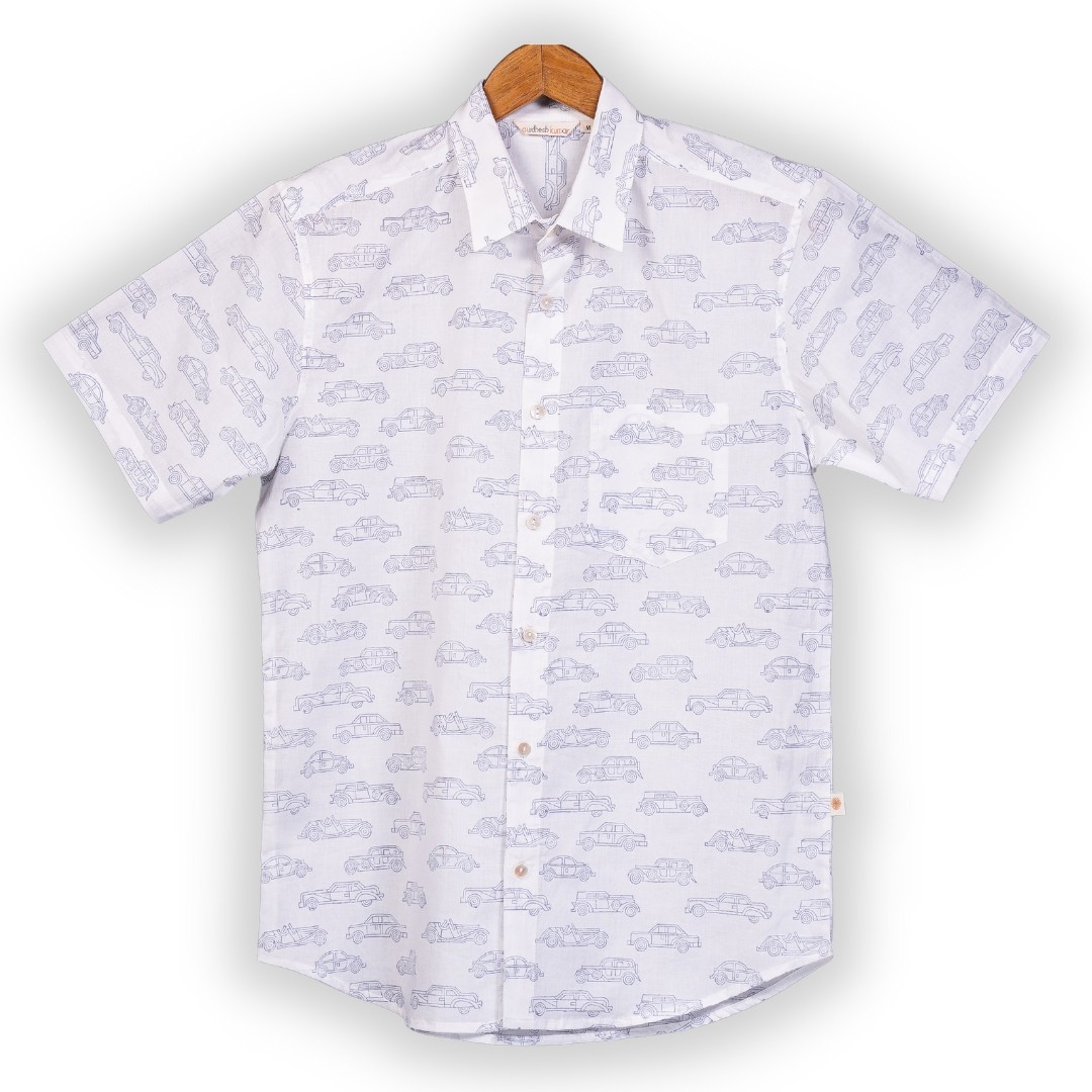 Short Sleeve Indian Hand Block Print Shirt Car Grey Design Shirt 100% Cotton Fabric