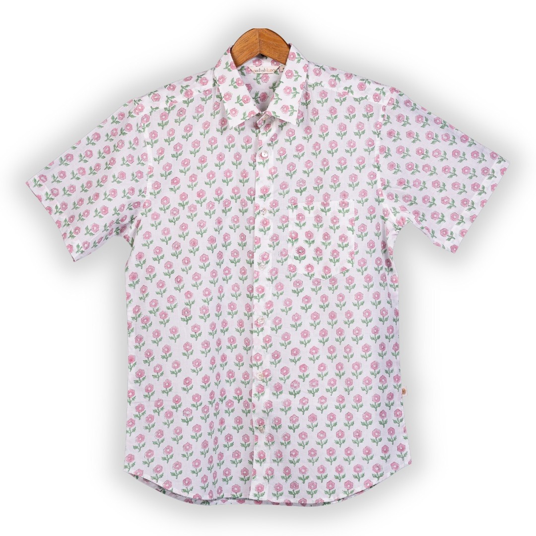 Short Sleeve Indian Hand Block Print Shirt Merigold Buti pink Design Shirt 100% Cotton Fabric