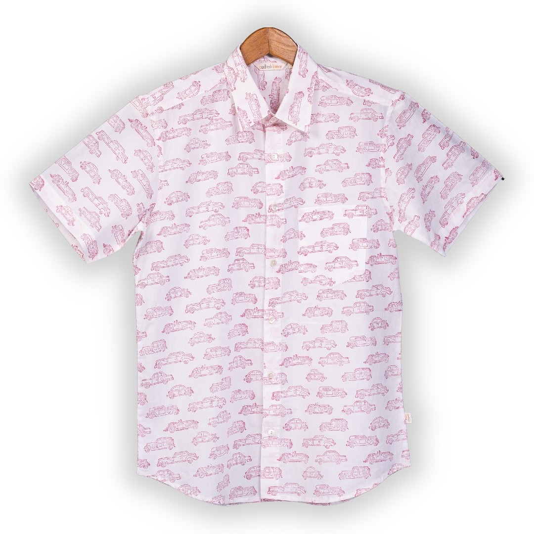 Short Sleeve Indian Hand Block Print Shirt Car Pink Design Shirt 100% Cotton Fabric