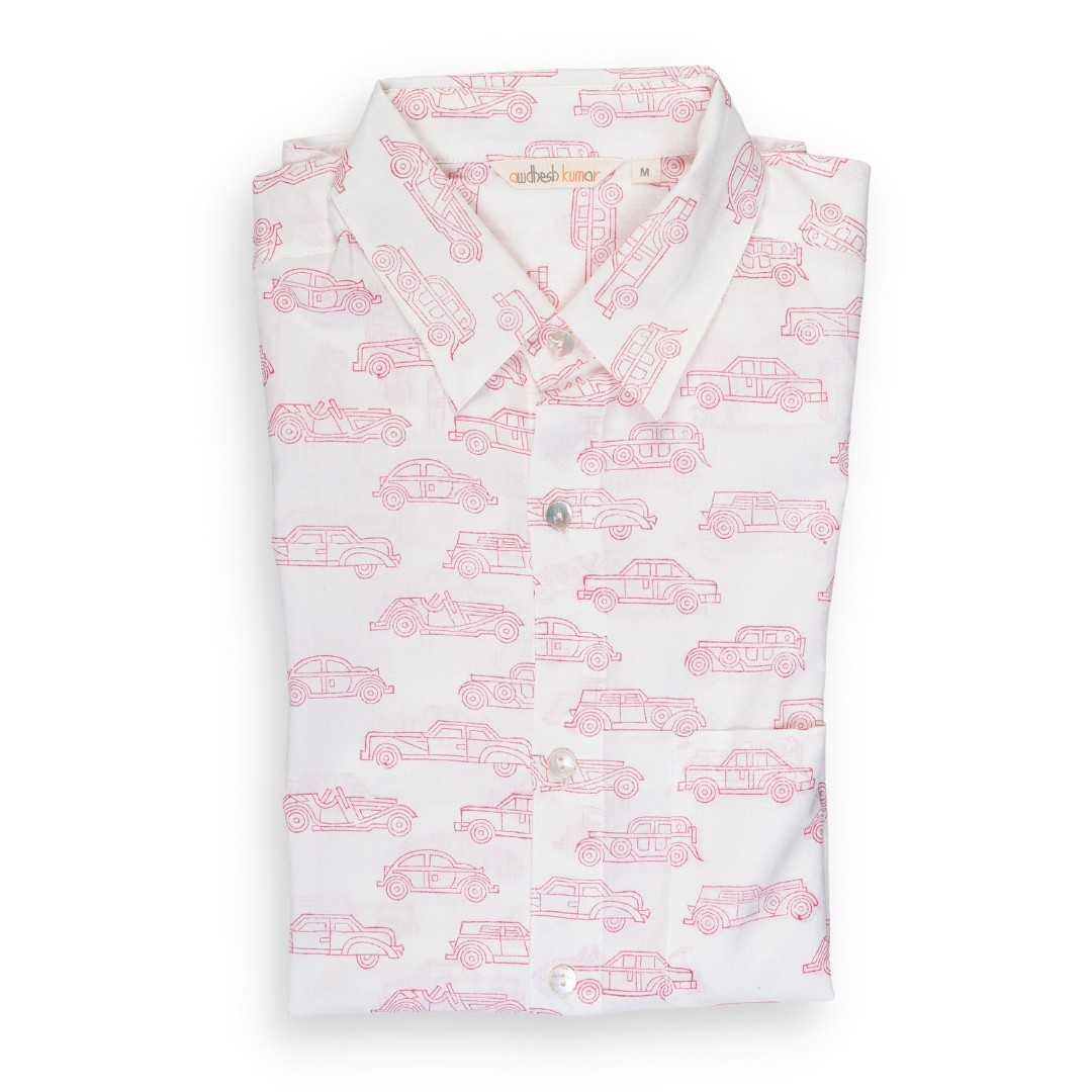 Full Sleeve Indian Hand Block Print Shirt Car Pink Design Shirt 100% Cotton Fabric