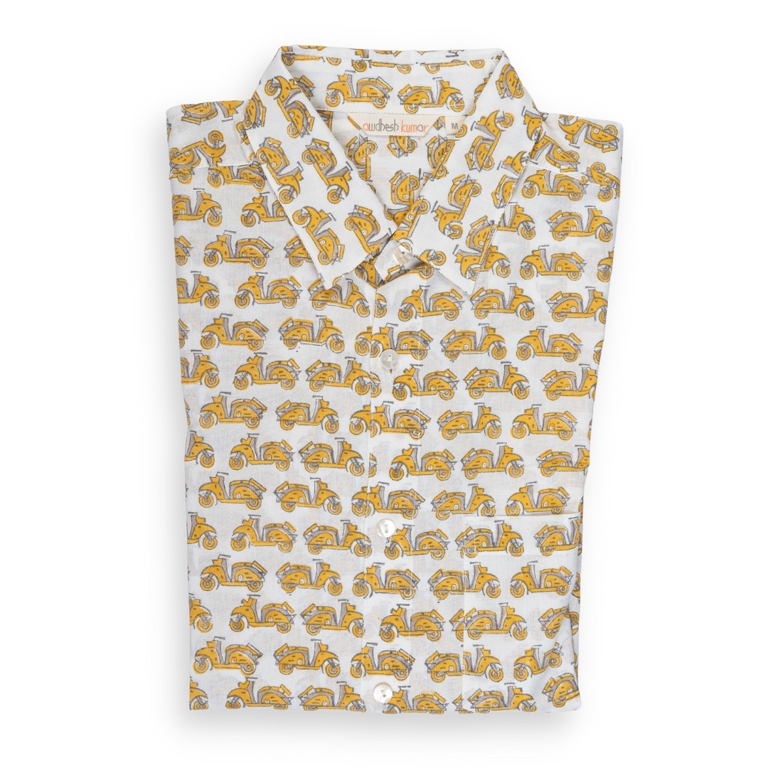 Full Sleeve Indian Hand Block Print Shirt Vespa Yellow Design Shirt 100% Cotton Fabric