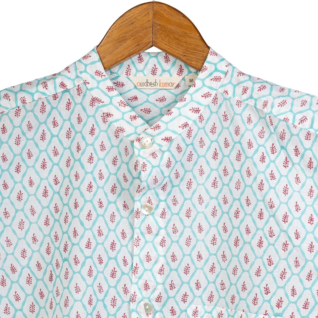 Full Sleeve Indian Hand Block Print Shirt Buti Grid Design Shirt 100% Cotton Fabric