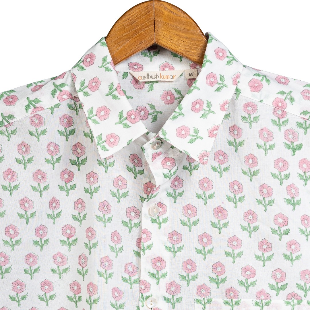 Full Sleeve Indian Hand Block Print Shirt Merigold Buti pink Design Shirt 100% Cotton Fabric