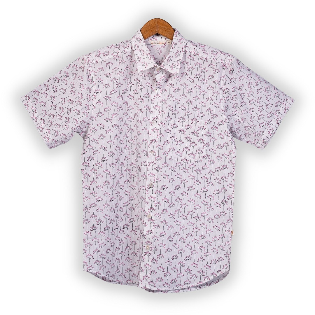 Short Sleeve Indian Hand Block Print Shirt Lotus Pink Design Shirt 100% Cotton Fabric