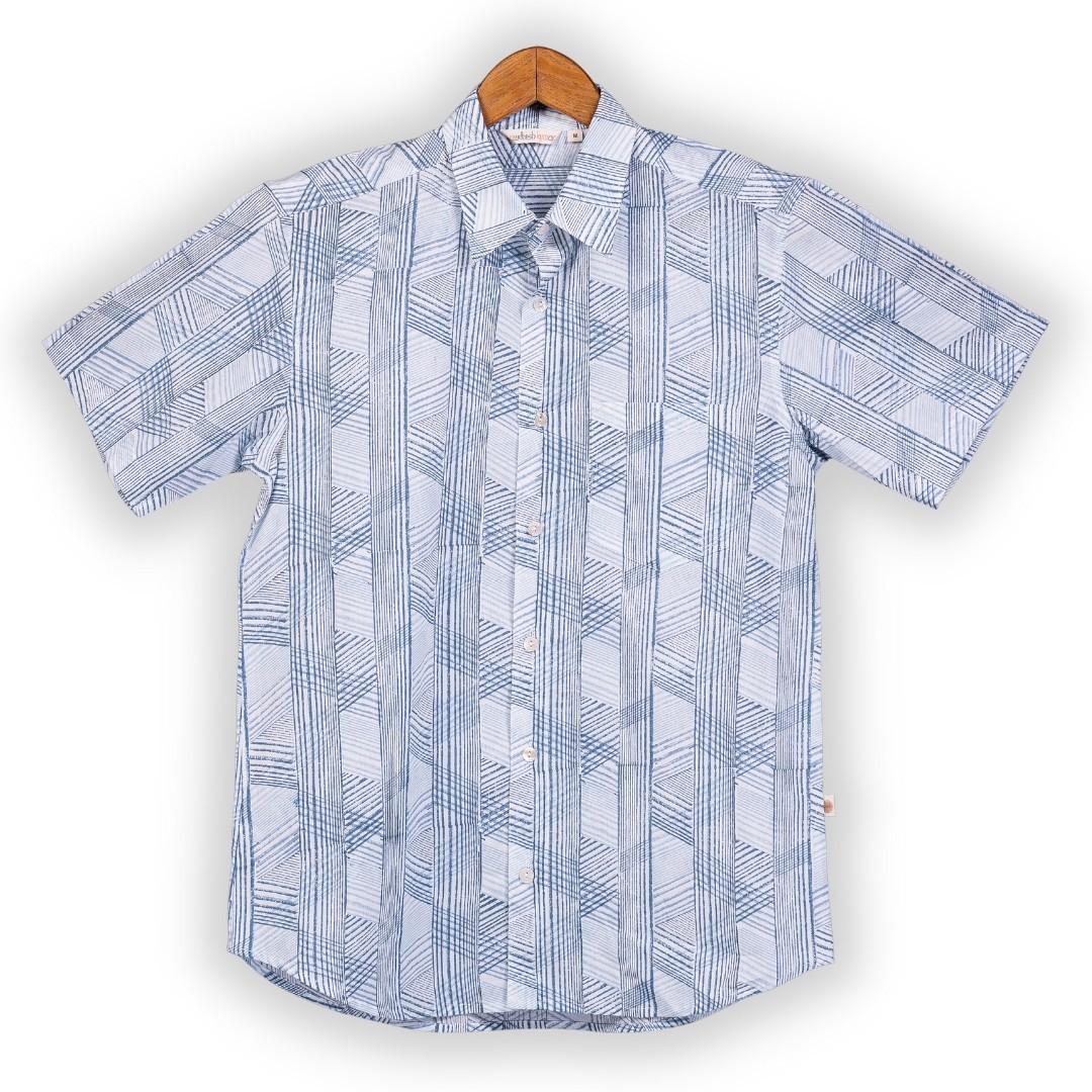 Short Sleeve Indian Hand Block Print Shirt Game of Line Blue Design Shirt 100% Cotton Fabric