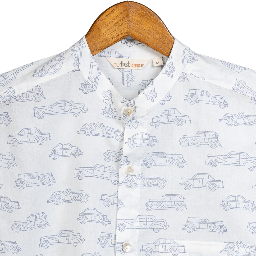 Full Sleeve Indian Hand Block Print Shirt Car Grey Design Shirt 100% Cotton Fabric