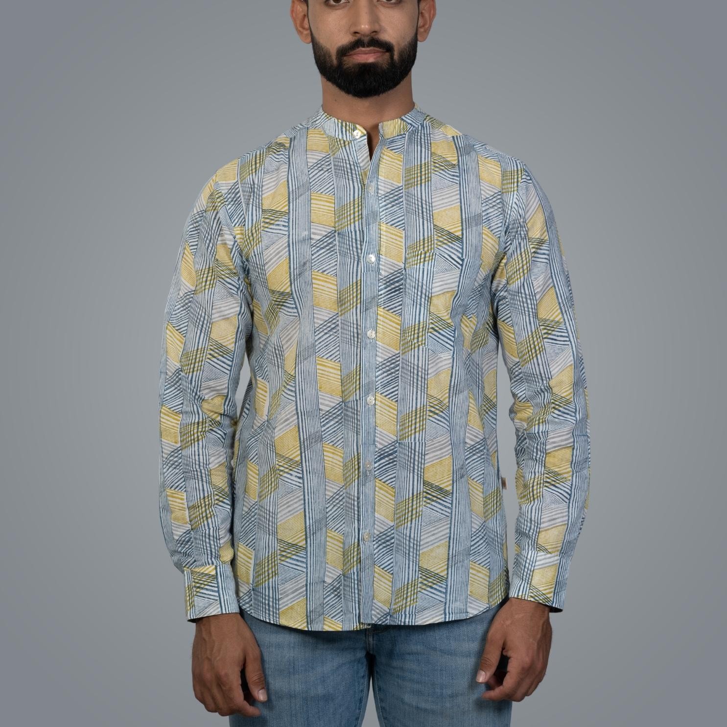 Full Sleeve Indian Hand Block Print Shirt Game of Line Retro Design Shirt 100% Cotton Fabric