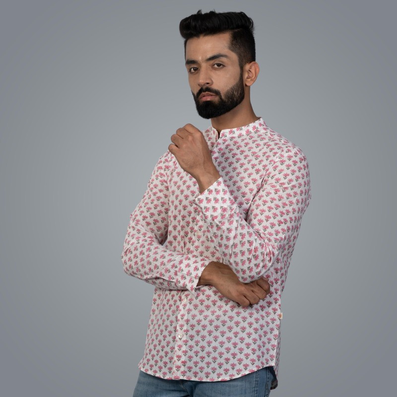 Full Sleeve Indian Hand Block Print Shirt Pink Buti Small Design Shirt 100% Cotton Fabric