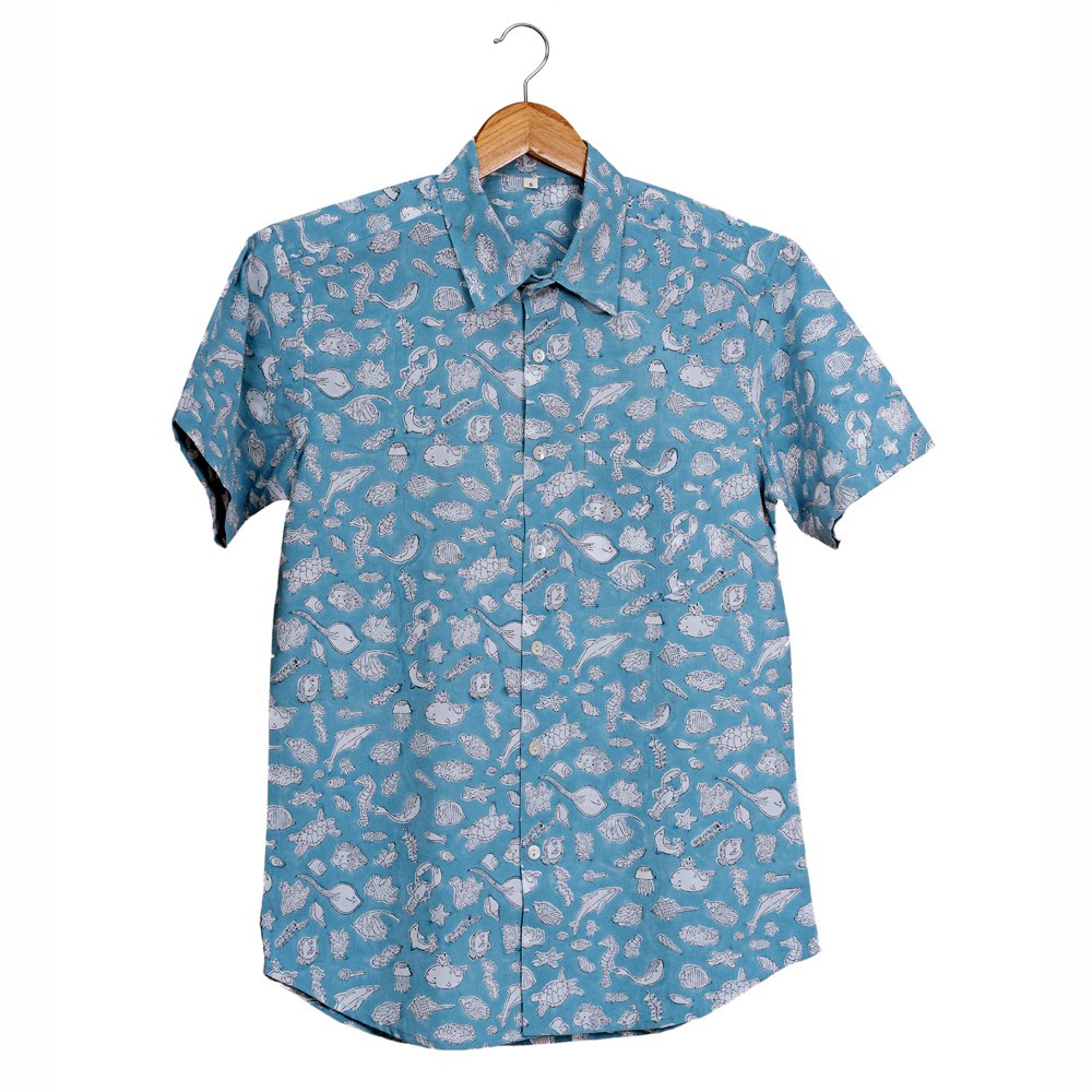 Short Sleeve Indian Hand Block Print Shirt Ocean Design Shirt 100% Cotton Fabric