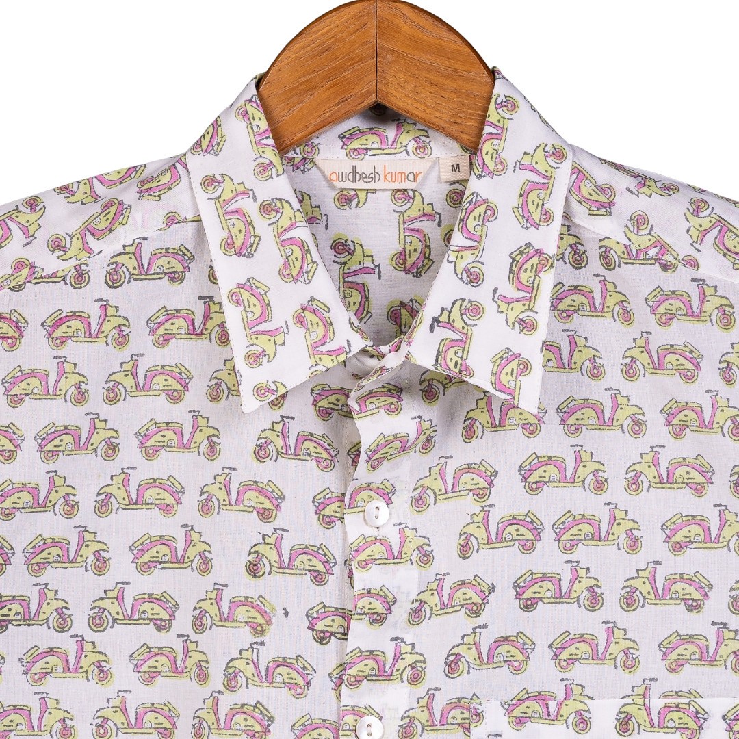 Short Sleeve Indian Hand Block Print Shirt Vespa Pink Green Design Shirt 100% Cotton Fabric
