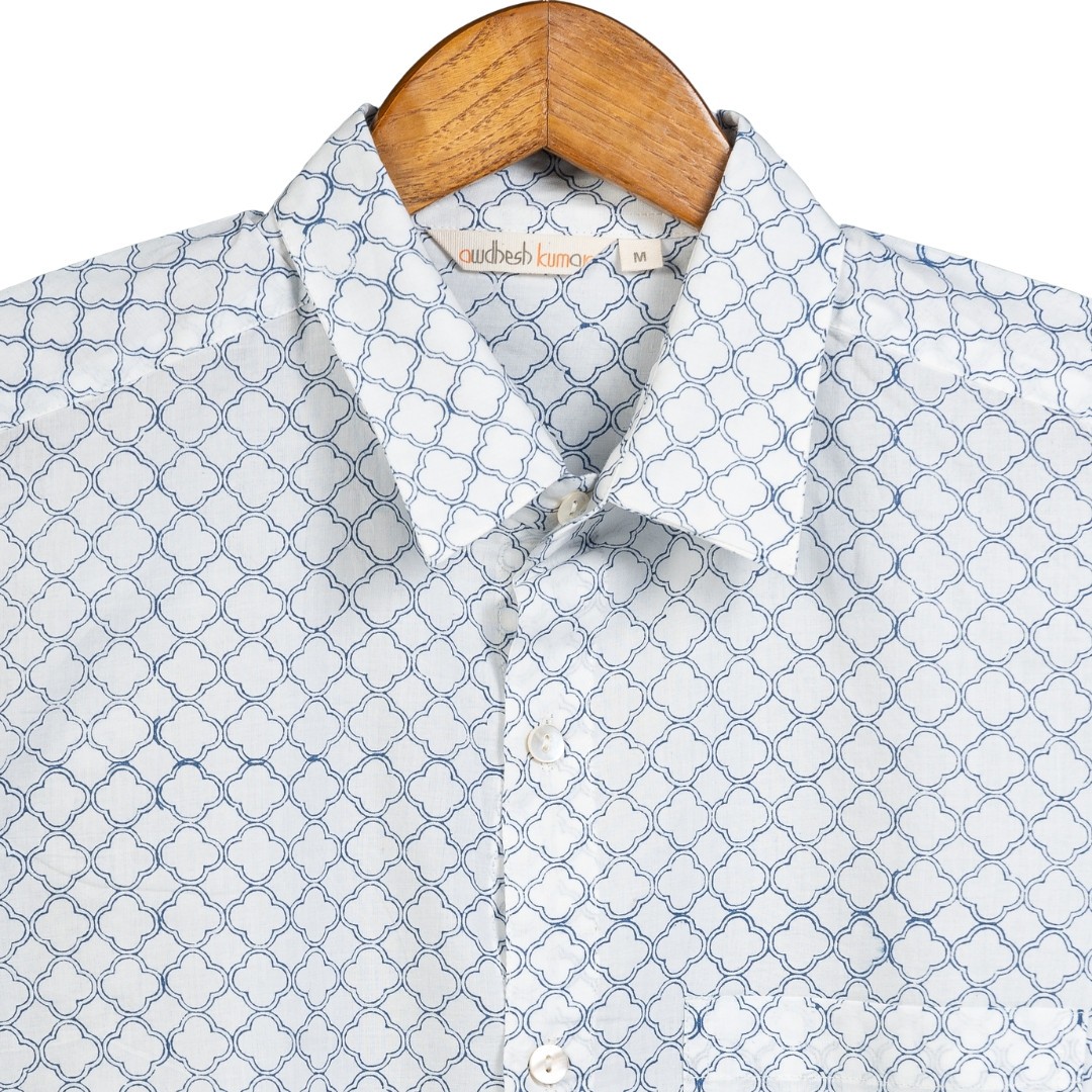 Full Sleeve Indian Hand Block Print Shirt Line Jali Blue Design Shirt 100% Cotton Fabric