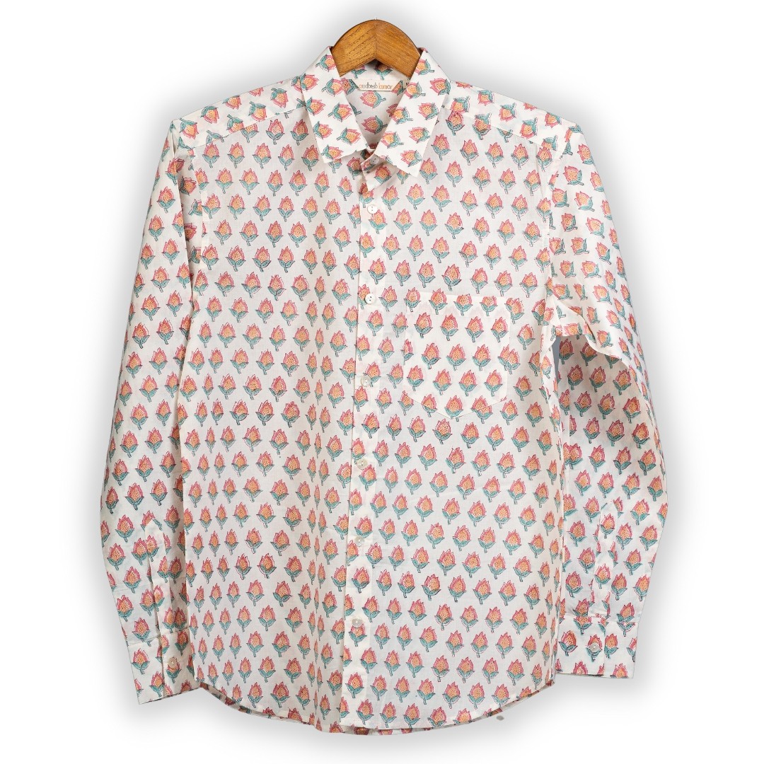 Full Sleeve Indian Hand Block Print Shirt Pastel Buti Design Shirt 100% Cotton Fabric