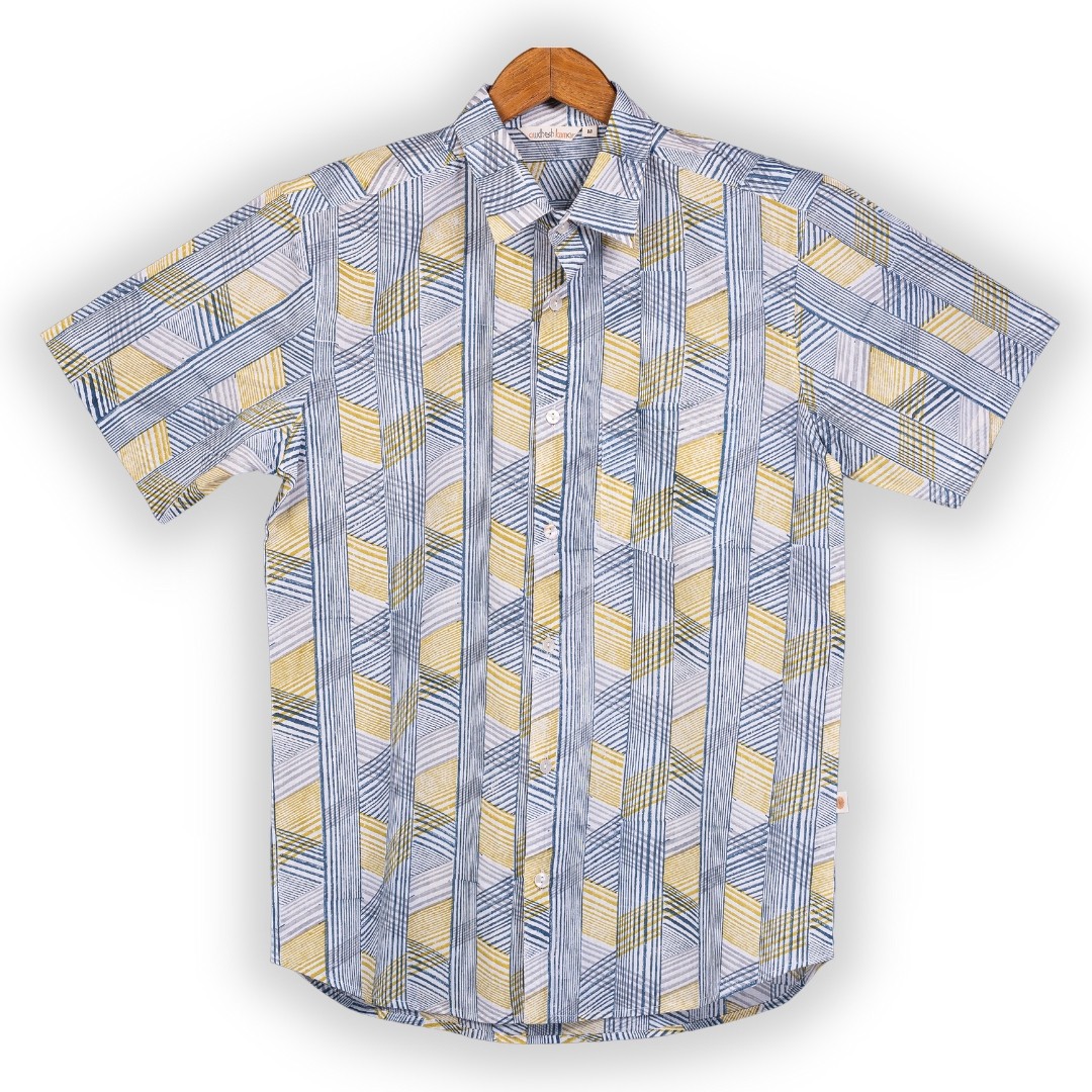 Short Sleeve Indian Hand Block Print Shirt Game of Line Retro Design Shirt 100% Cotton Fabric