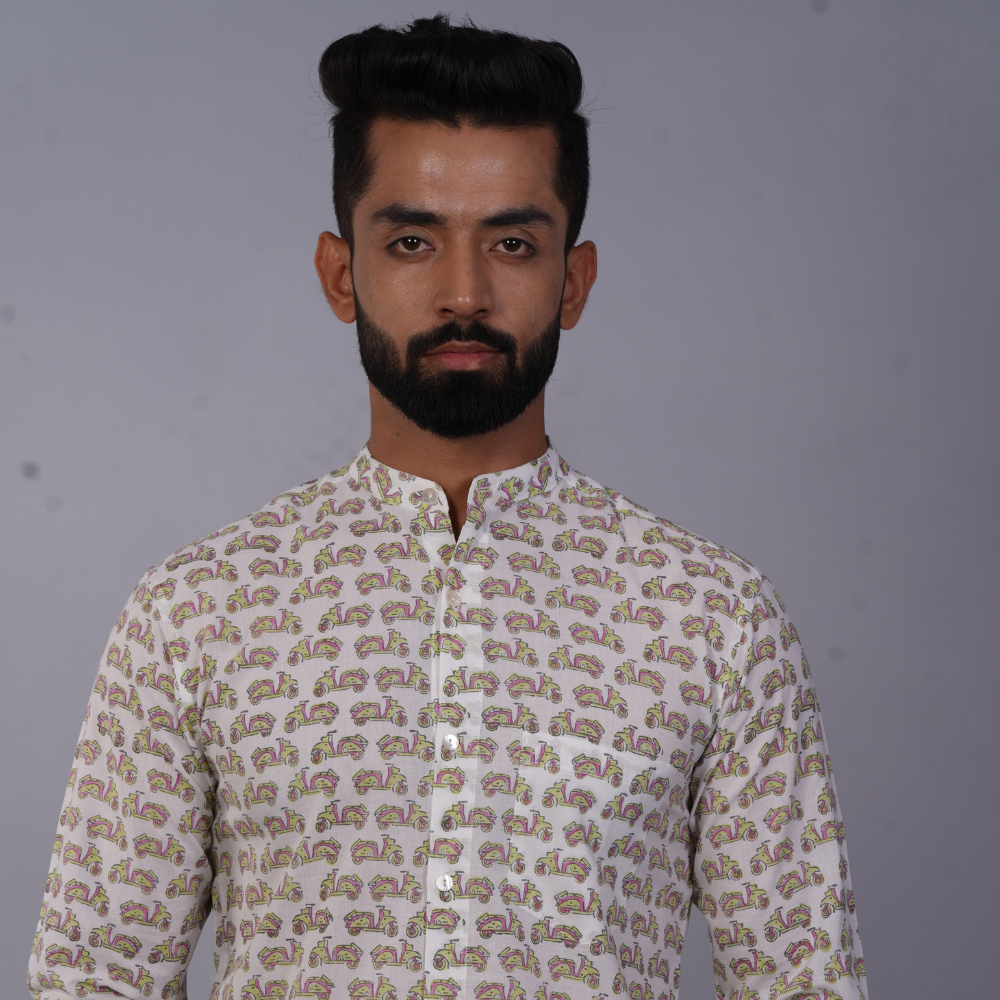 Full Sleeve Indian Hand Block Print Shirt Vespa Pink Green Design Shirt 100% Cotton Fabric