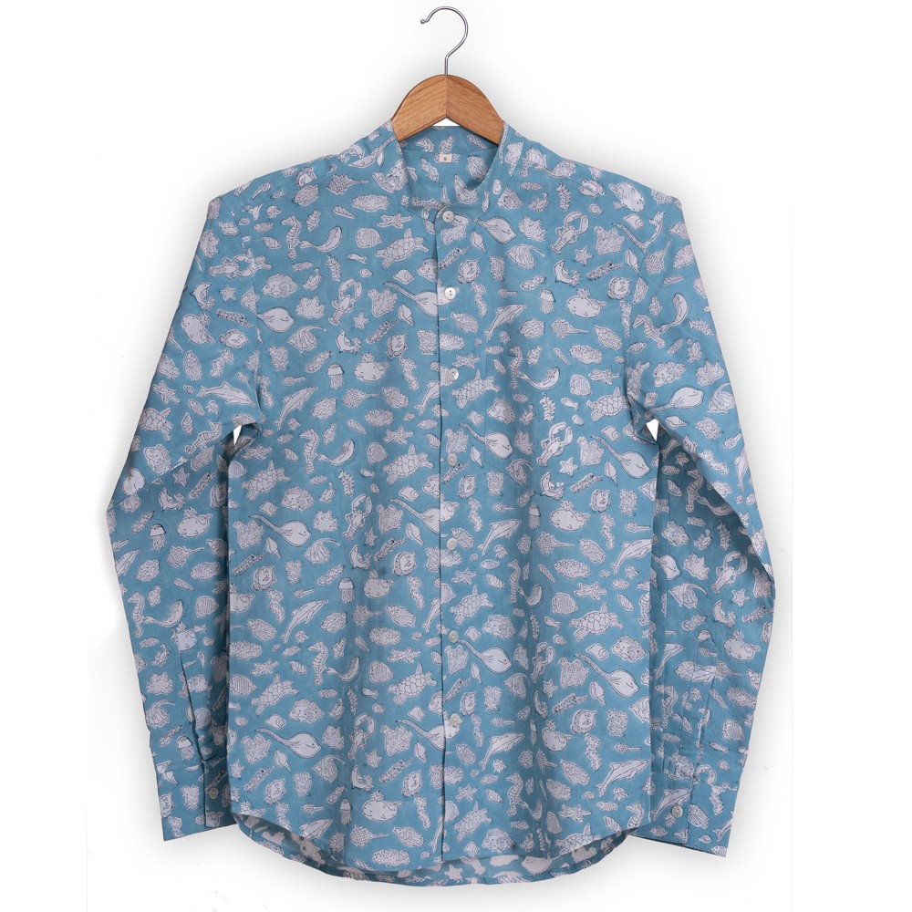 Full Sleeve Indian Hand Block Print Shirt Ocean Design Shirt 100% Cotton Fabric