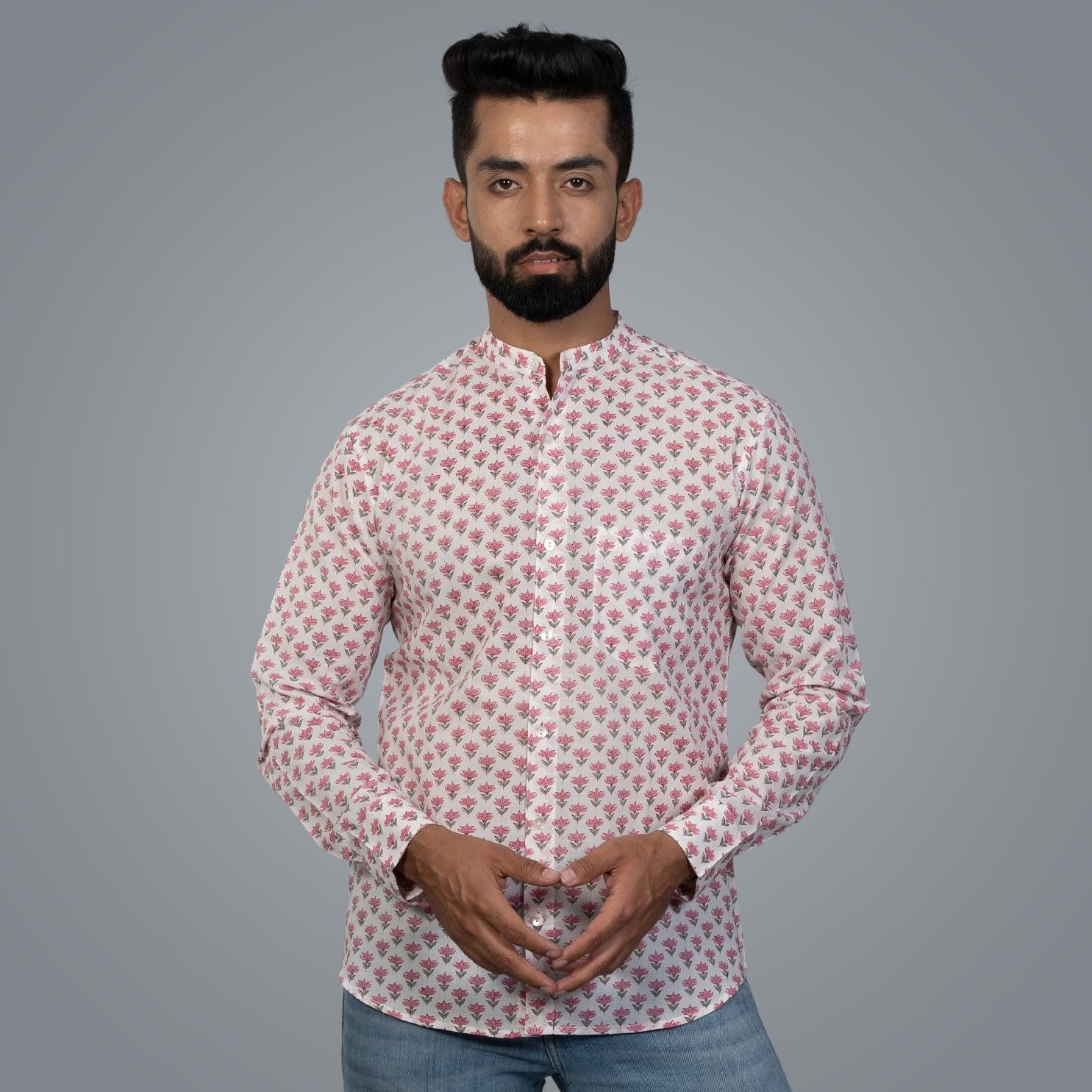 Full Sleeve Indian Hand Block Print Shirt Pink Buti Big Design Shirt 100% Cotton Fabric