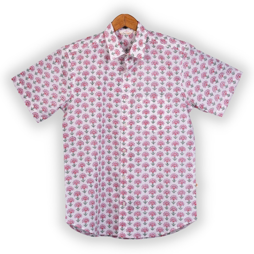 Short Sleeve Indian Hand Block Print Shirt Pink Buti Big Design Shirt 100% Cotton Fabric