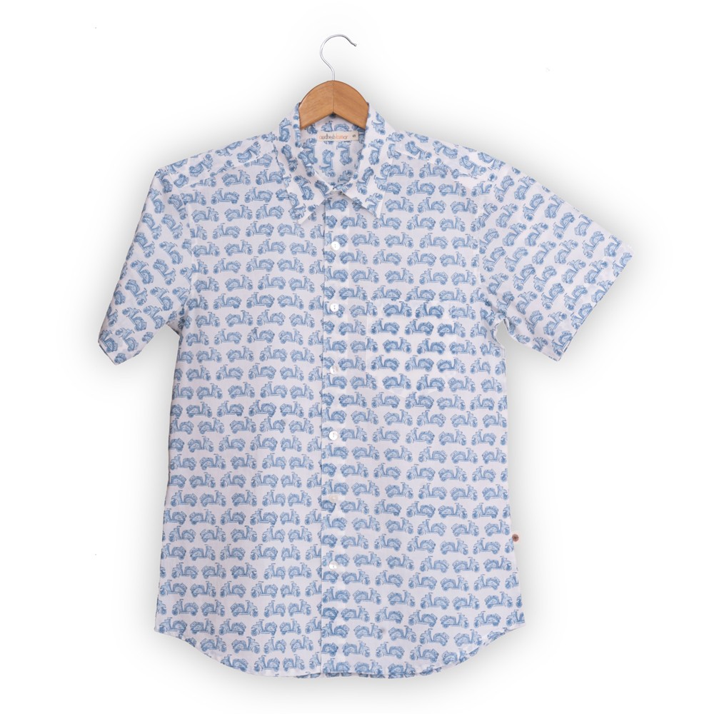Short Sleeve Indian Hand Block Print Shirt Vespa Design Shirts  100% Cotton Fabric